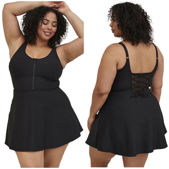 Torrid NWT Corset Shape Lace Up Mid Length Swim Dress Black 00X Compression - Picture 1 of 9